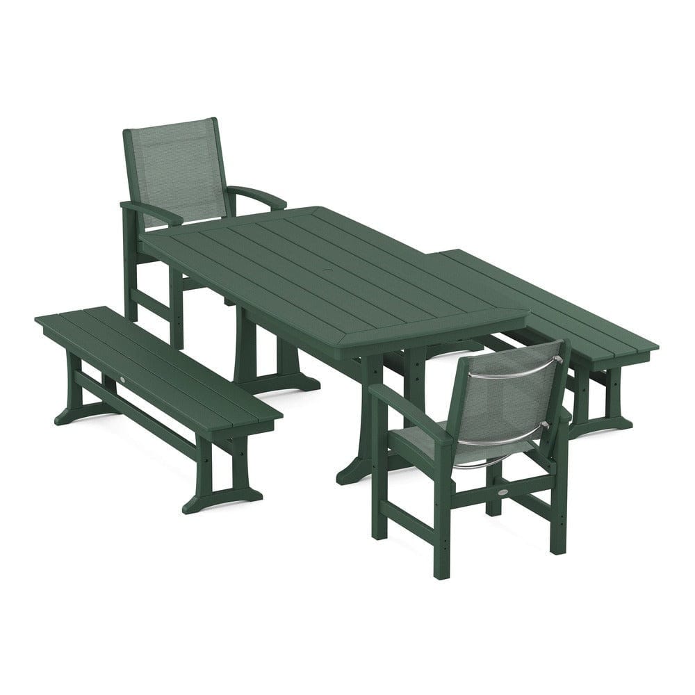 POLYWOOD® Outdoor Furniture Green / Dupioni Sea Mist Sling POLYWOOD® - Coastal 5-Piece Dining Set with Trestle Legs and Benches - PWS1036