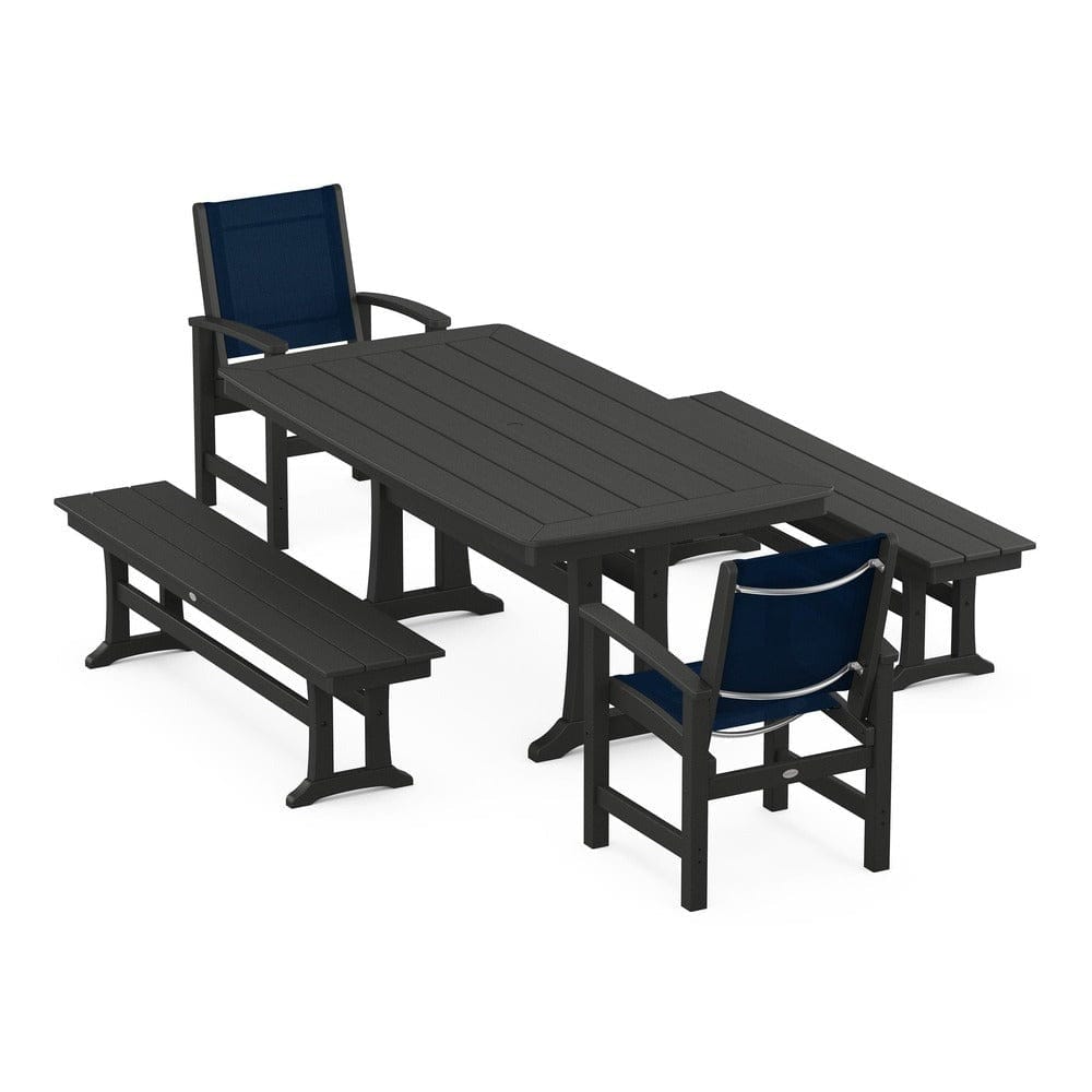 POLYWOOD® Outdoor Furniture Black / Navy Blue Sling POLYWOOD® - Coastal 5-Piece Dining Set with Trestle Legs and Benches - PWS1036