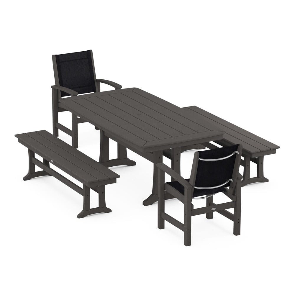 POLYWOOD® Outdoor Furniture Vintage Coffee / Black Sling POLYWOOD® - Coastal 5-Piece Dining Set with Trestle Legs and Benches - PWS1036