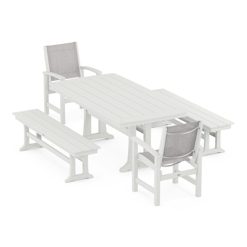 POLYWOOD® Outdoor Furniture POLYWOOD® - Coastal 5-Piece Dining Set with Trestle Legs and Benches - PWS1036