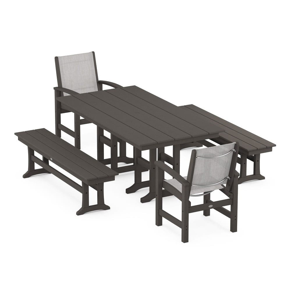 POLYWOOD® Outdoor Furniture Vintage Coffee / Parchment Sling POLYWOOD® - Coastal 5-Piece Farmhouse Dining Set - PWS1175