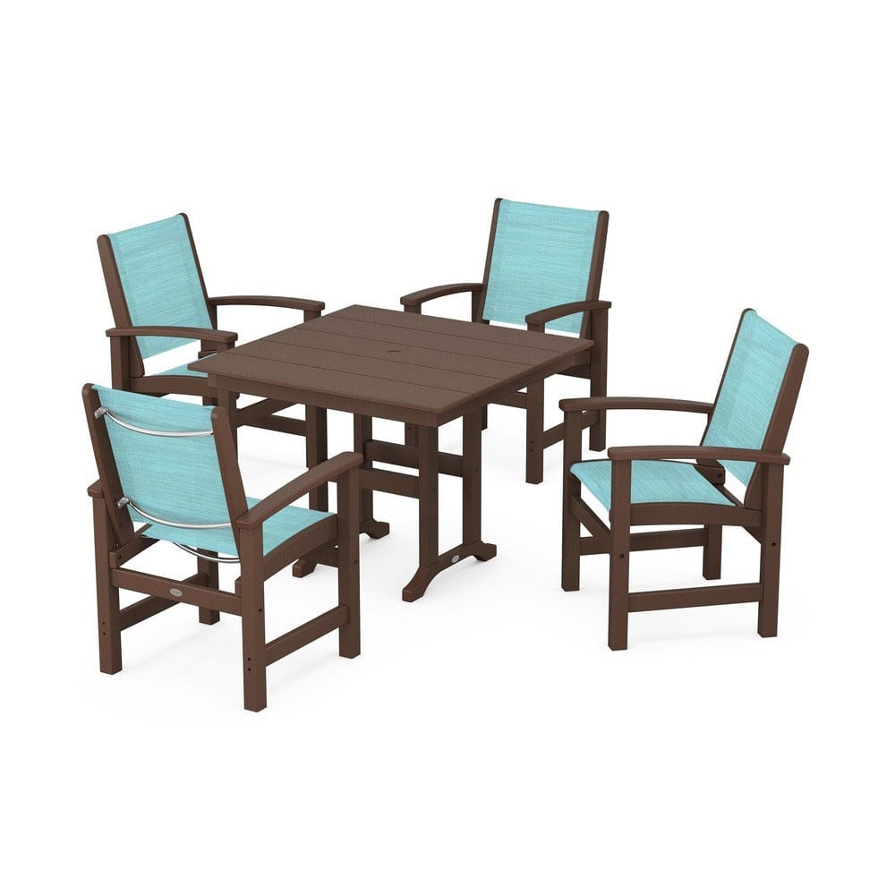 POLYWOOD® Outdoor Furniture Mahogany / Dupioni Aquamarine Sling POLYWOOD® - Coastal 5-Piece Farmhouse Dining Set - PWS1141