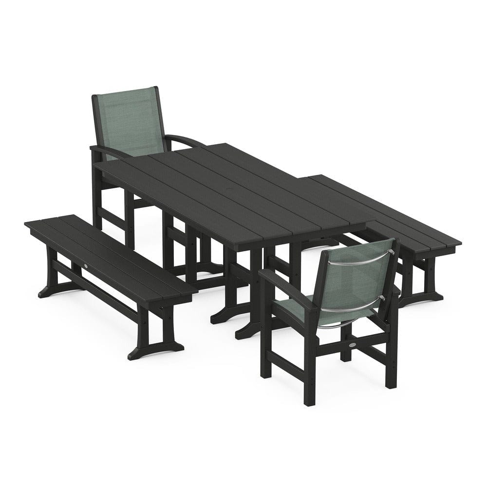 POLYWOOD® Outdoor Furniture Black / Dupioni Sea Mist Sling POLYWOOD® - Coastal 5-Piece Farmhouse Dining Set - PWS1175