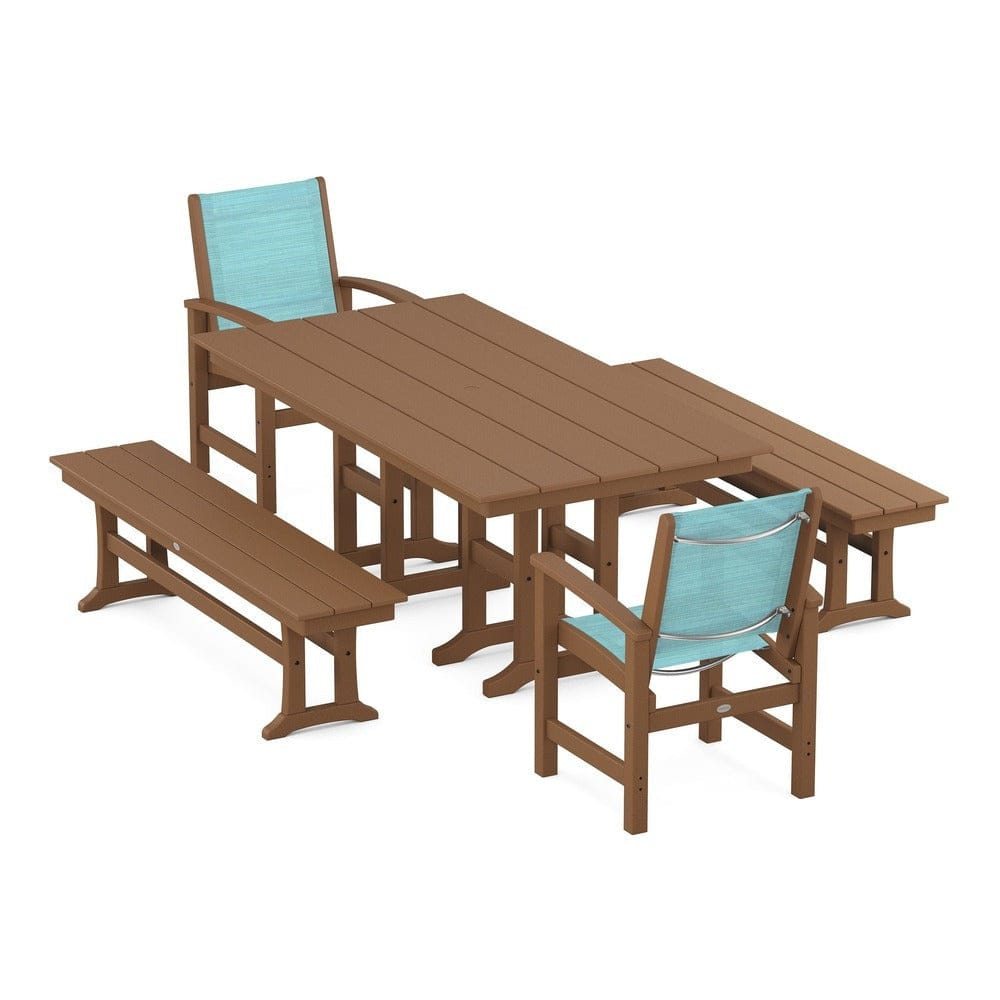 POLYWOOD® Outdoor Furniture Teak / Dupioni Aquamarine Sling POLYWOOD® - Coastal 5-Piece Farmhouse Dining Set - PWS1175