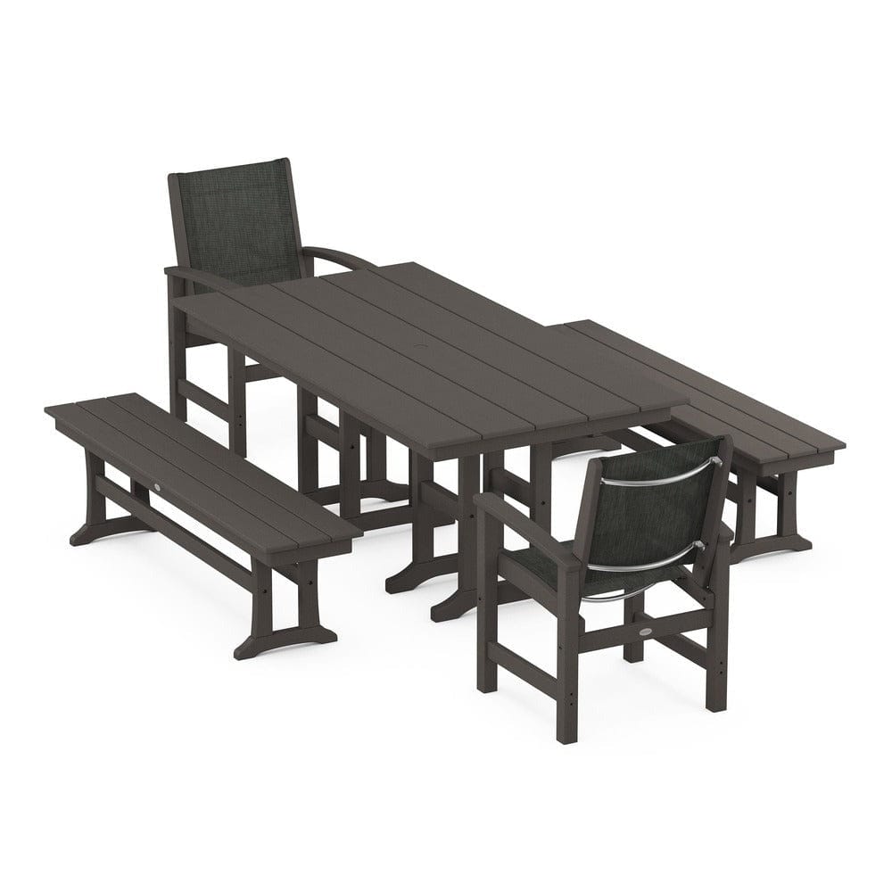 POLYWOOD® Outdoor Furniture Vintage Coffee / Ember Sling POLYWOOD® - Coastal 5-Piece Farmhouse Dining Set - PWS1175