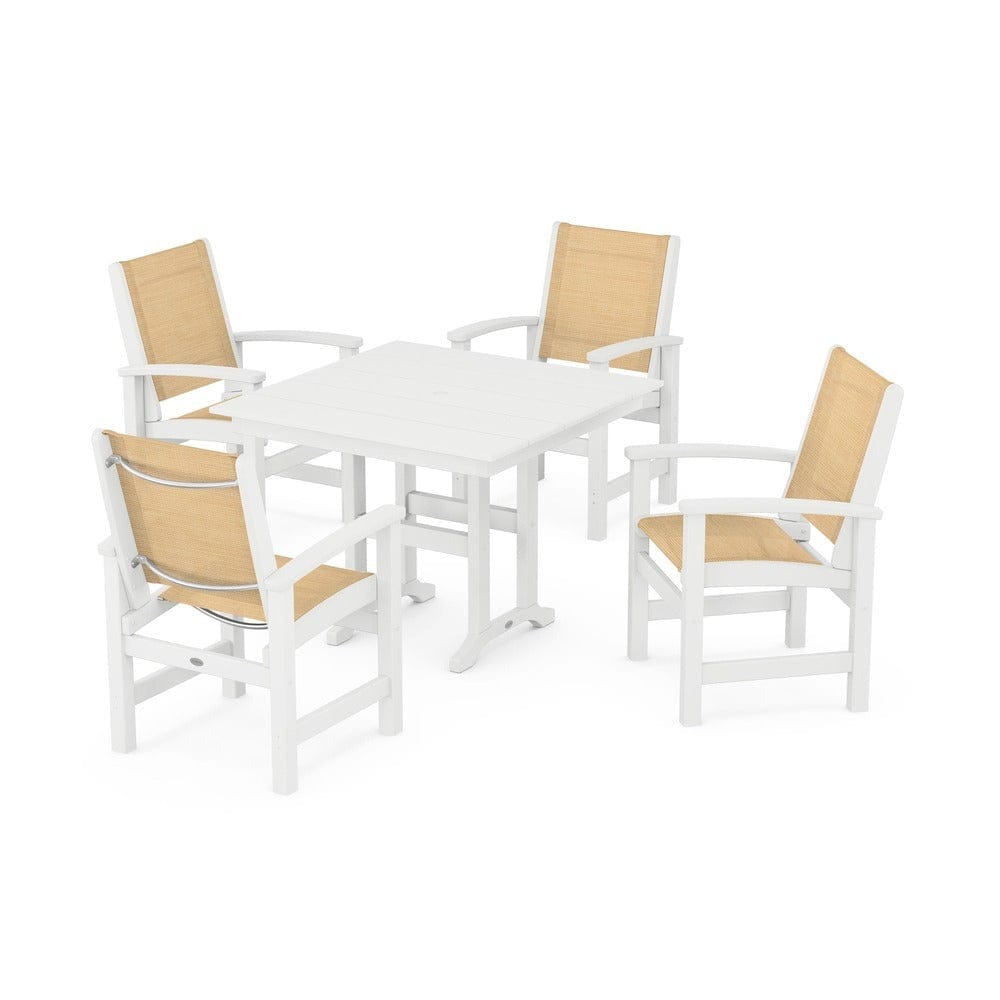 POLYWOOD® Outdoor Furniture White / Dupioni Apricot Sling POLYWOOD® - Coastal 5-Piece Farmhouse Dining Set - PWS1141
