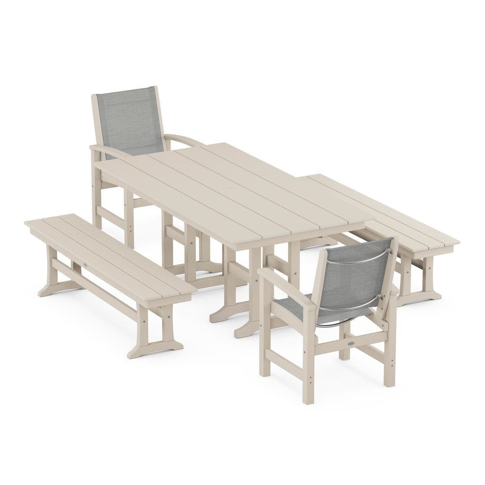 POLYWOOD® Outdoor Furniture Sand / Metallic Sling POLYWOOD® - Coastal 5-Piece Farmhouse Dining Set - PWS1175