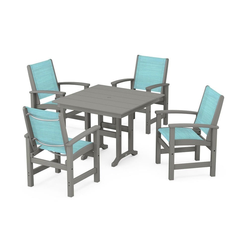 POLYWOOD® Outdoor Furniture Slate Grey / Dupioni Aquamarine Sling POLYWOOD® - Coastal 5-Piece Farmhouse Dining Set - PWS1141