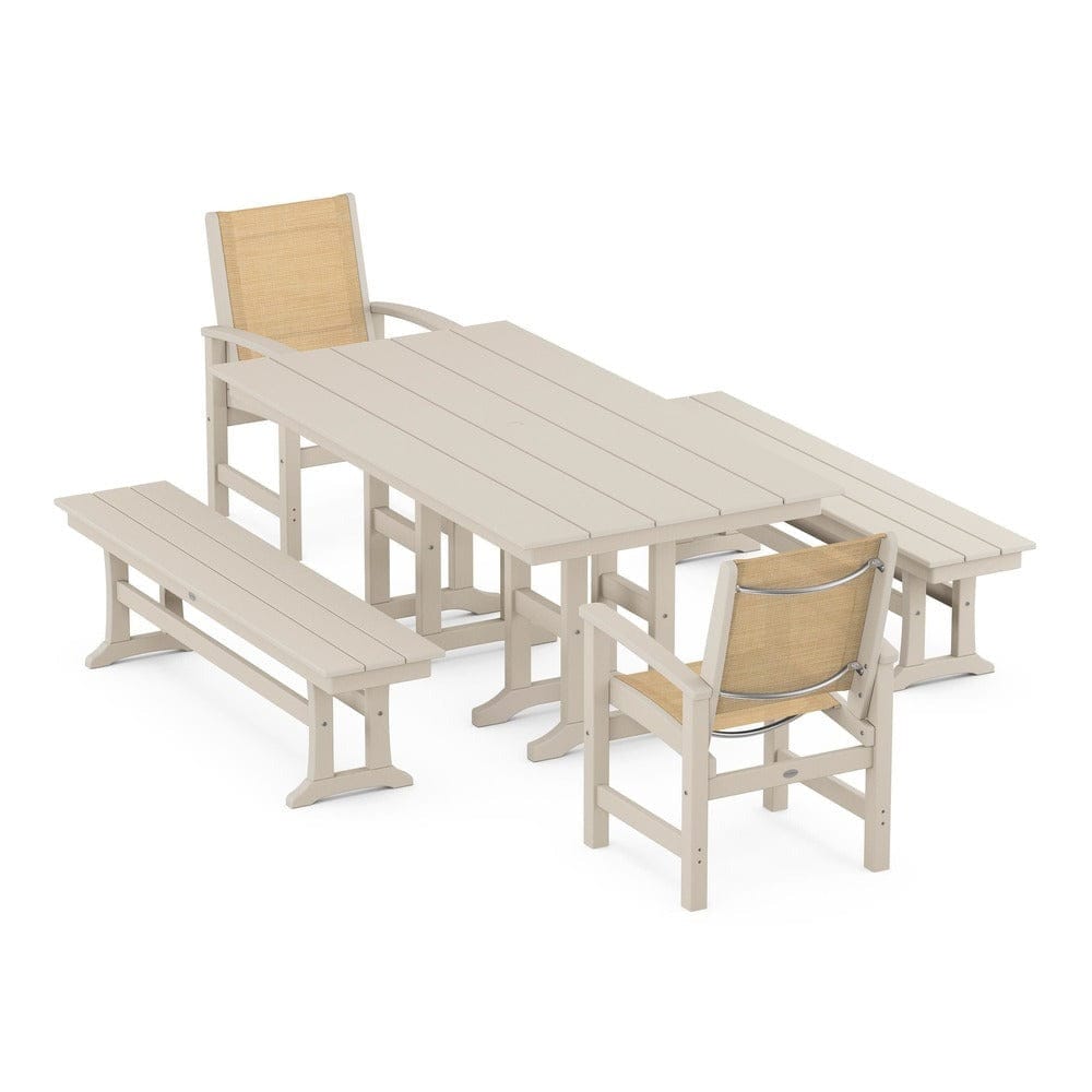 POLYWOOD® Outdoor Furniture Sand / Dupioni Apricot Sling POLYWOOD® - Coastal 5-Piece Farmhouse Dining Set - PWS1175