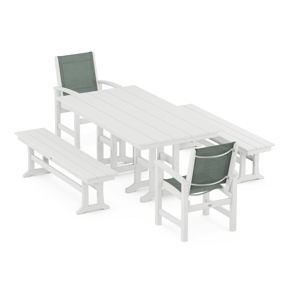 POLYWOOD® Outdoor Furniture White / Dupioni Sea Mist Sling POLYWOOD® - Coastal 5-Piece Farmhouse Dining Set - PWS1175