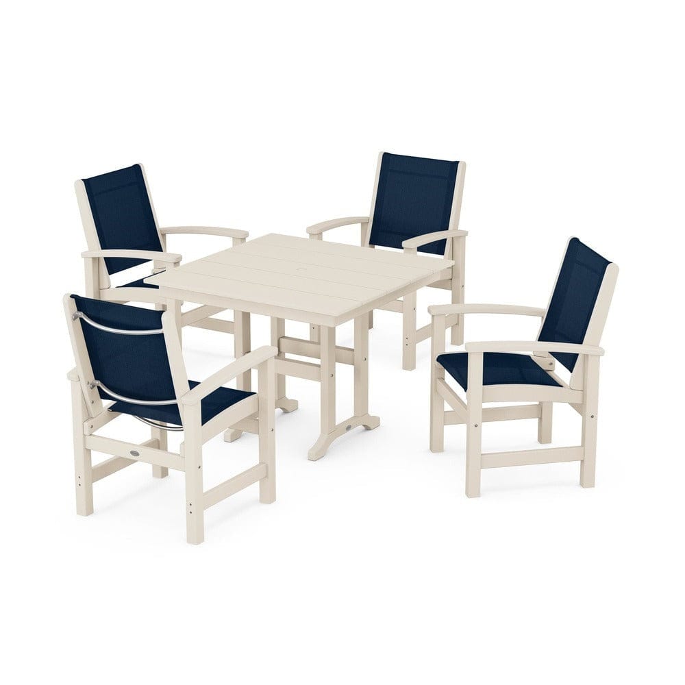 POLYWOOD® Outdoor Furniture Sand / Navy Blue Sling POLYWOOD® - Coastal 5-Piece Farmhouse Dining Set - PWS1141