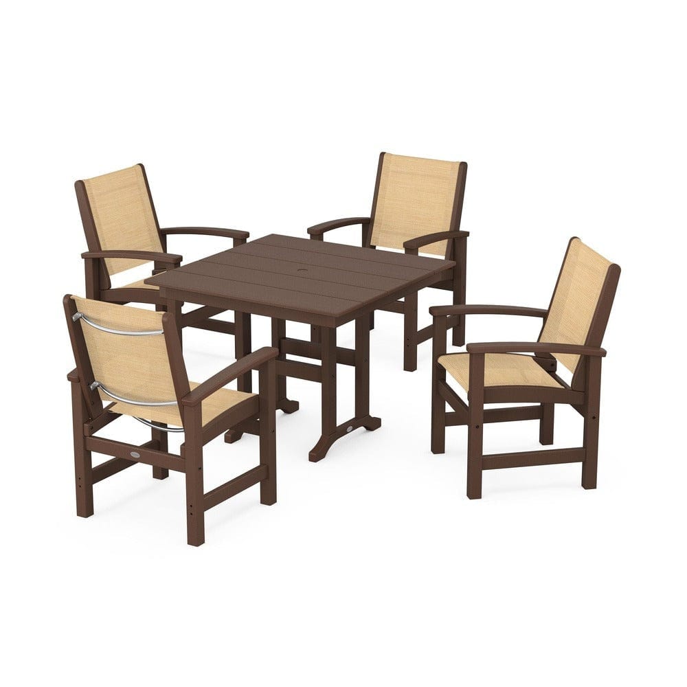 POLYWOOD® Outdoor Furniture Mahogany / Dupioni Apricot Sling POLYWOOD® - Coastal 5-Piece Farmhouse Dining Set - PWS1141
