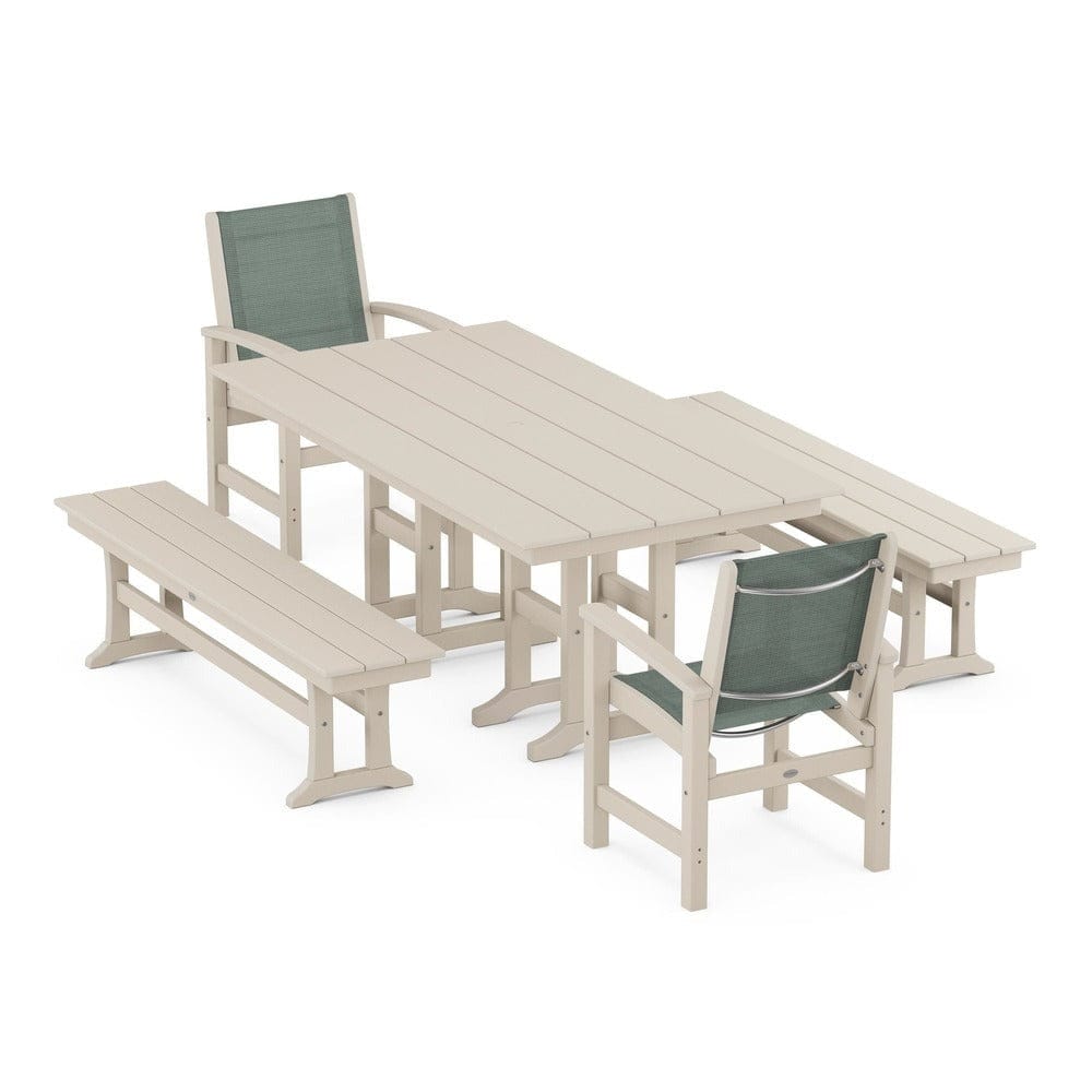 POLYWOOD® Outdoor Furniture Sand / Dupioni Sea Mist Sling POLYWOOD® - Coastal 5-Piece Farmhouse Dining Set - PWS1175