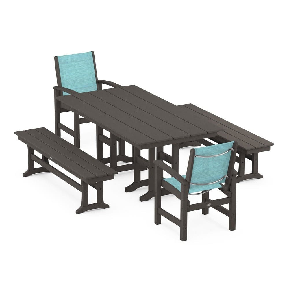 POLYWOOD® Outdoor Furniture Vintage Coffee / Dupioni Aquamarine Sling POLYWOOD® - Coastal 5-Piece Farmhouse Dining Set - PWS1175