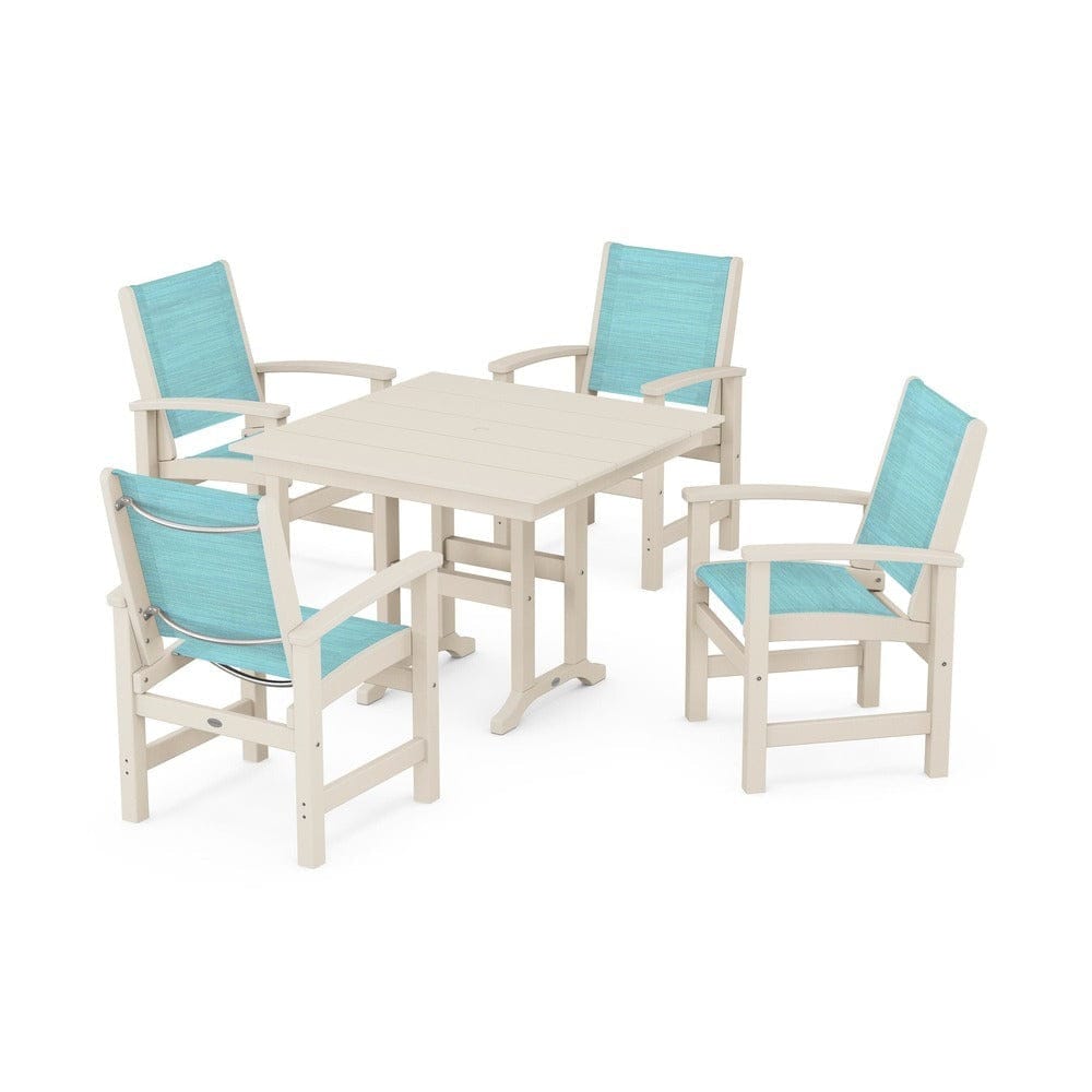 POLYWOOD® Outdoor Furniture Sand / Dupioni Aquamarine Sling POLYWOOD® - Coastal 5-Piece Farmhouse Dining Set - PWS1141