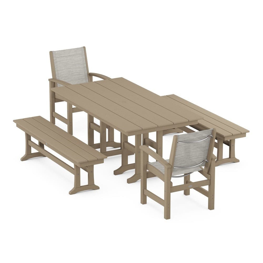 POLYWOOD® Outdoor Furniture Vintage Sahara / Birch Sling POLYWOOD® - Coastal 5-Piece Farmhouse Dining Set - PWS1175