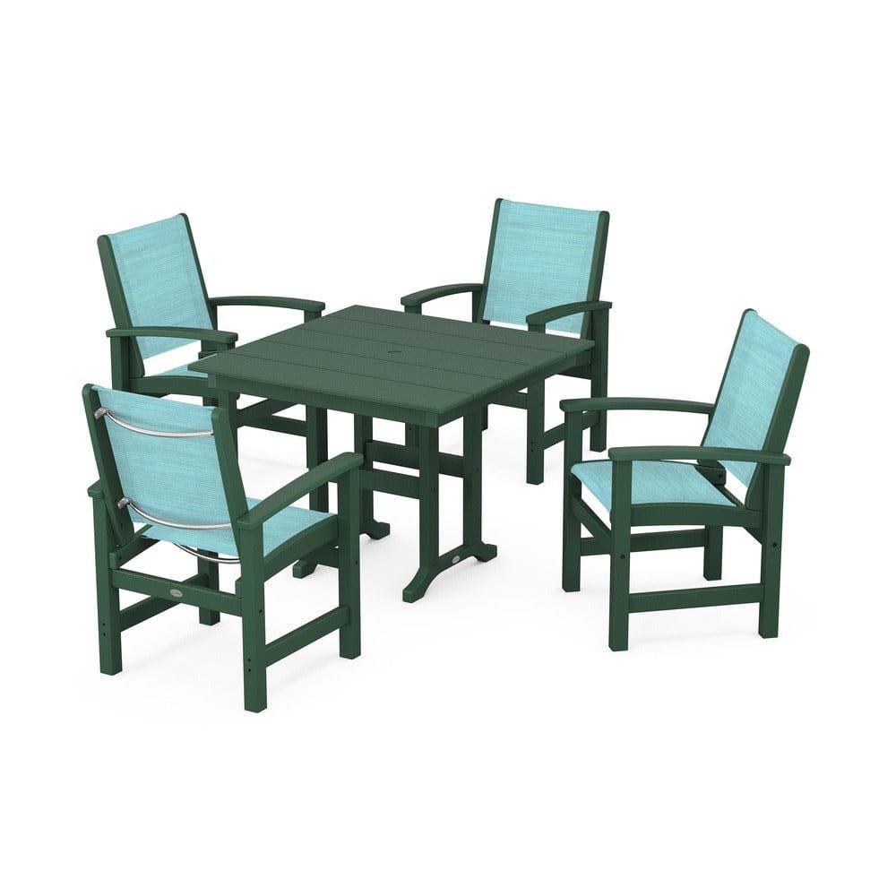 POLYWOOD® Outdoor Furniture Green / Dupioni Aquamarine Sling POLYWOOD® - Coastal 5-Piece Farmhouse Dining Set - PWS1141