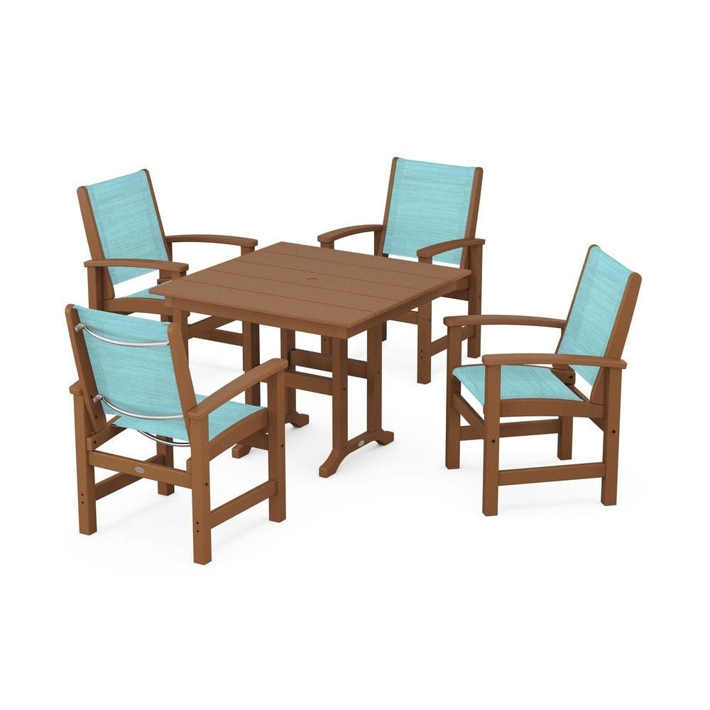 POLYWOOD® Outdoor Furniture Teak / Dupioni Aquamarine Sling POLYWOOD® - Coastal 5-Piece Farmhouse Dining Set - PWS1141