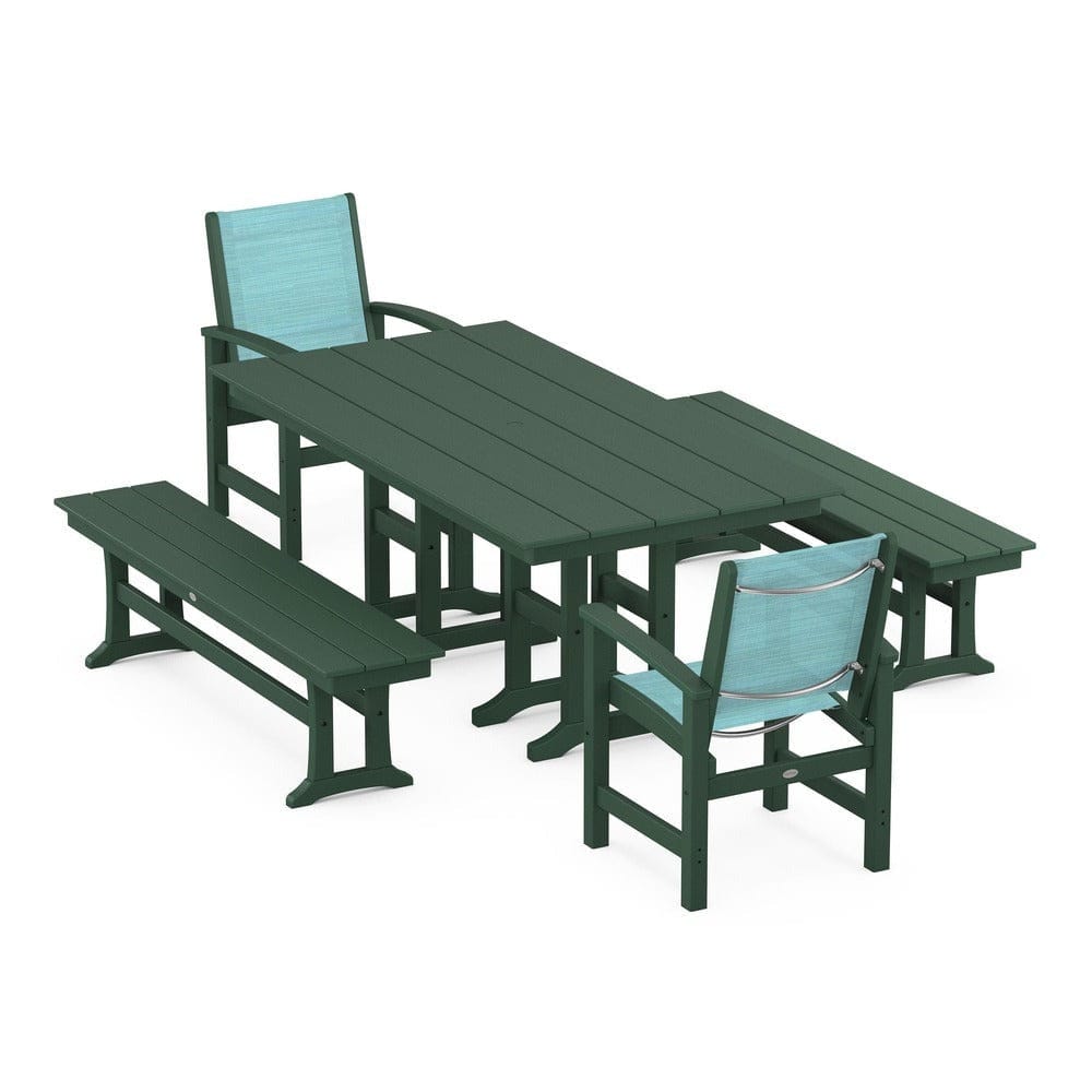 POLYWOOD® Outdoor Furniture Green / Dupioni Aquamarine Sling POLYWOOD® - Coastal 5-Piece Farmhouse Dining Set - PWS1175