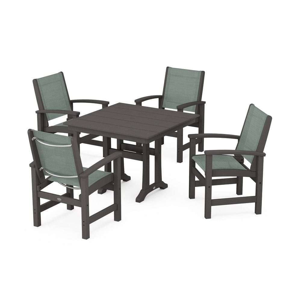 POLYWOOD® Outdoor Furniture Vintage Coffee / Dupioni Sea Mist Sling POLYWOOD® - Coastal 5-Piece Farmhouse Dining Set With Trestle Legs - PWS944