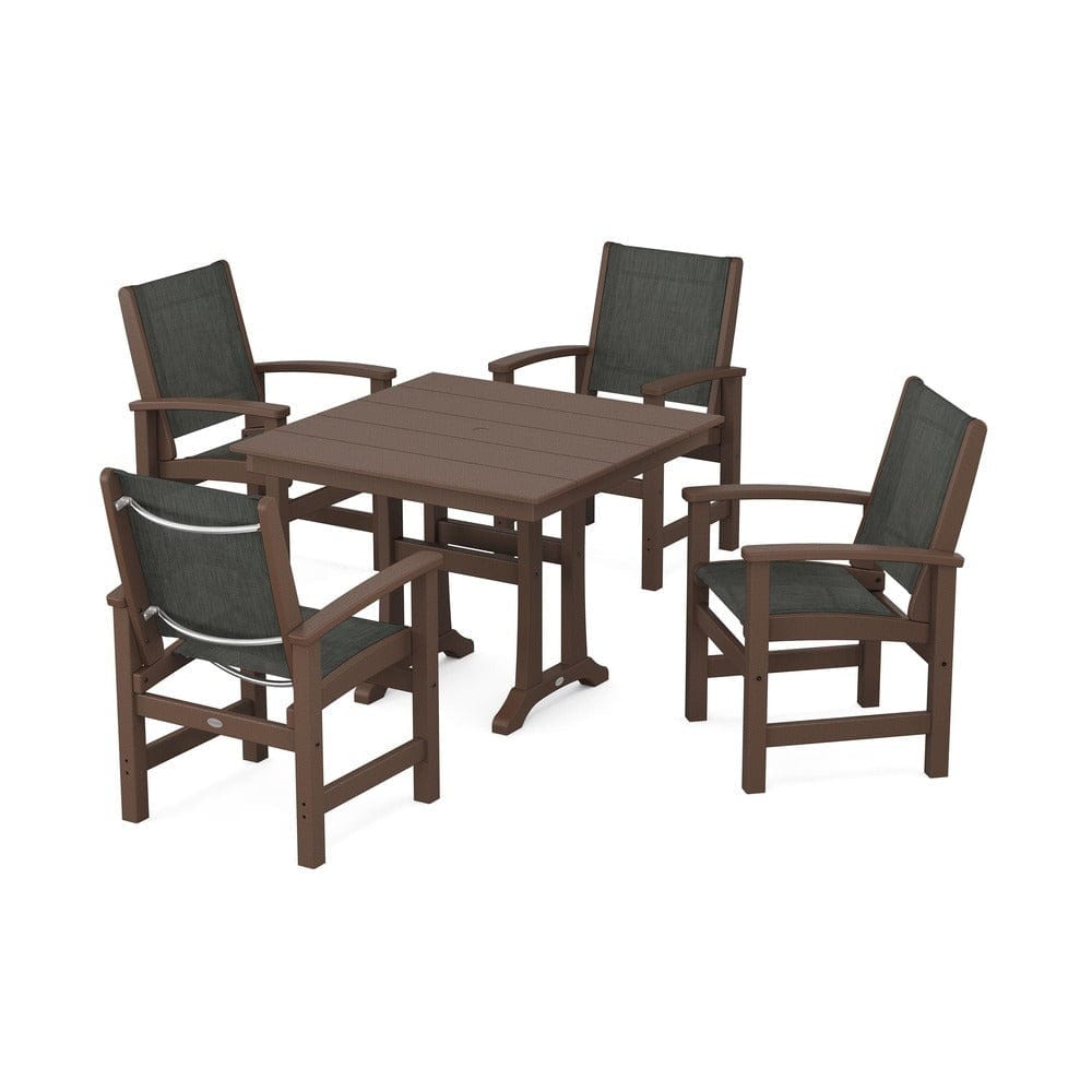 POLYWOOD® Outdoor Furniture Mahogany / Ember Sling POLYWOOD® - Coastal 5-Piece Farmhouse Dining Set With Trestle Legs - PWS944