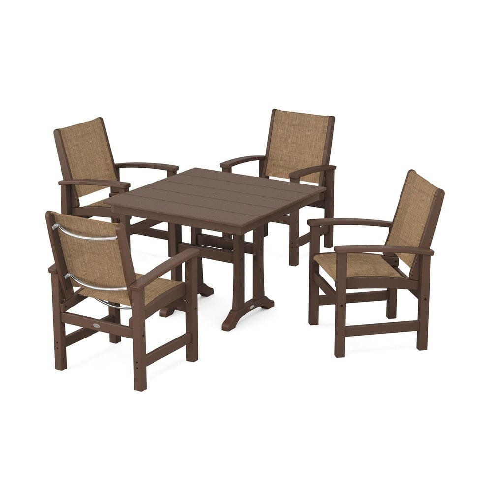 POLYWOOD® Outdoor Furniture Mahogany / Burlap Sling POLYWOOD® - Coastal 5-Piece Farmhouse Dining Set With Trestle Legs - PWS944