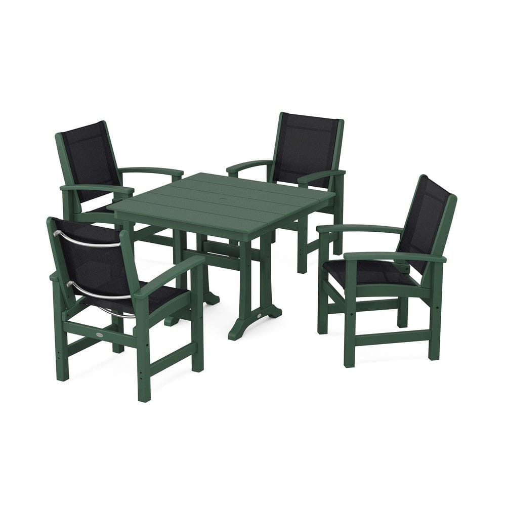 POLYWOOD® Outdoor Furniture Green / Black Sling POLYWOOD® - Coastal 5-Piece Farmhouse Dining Set With Trestle Legs - PWS944