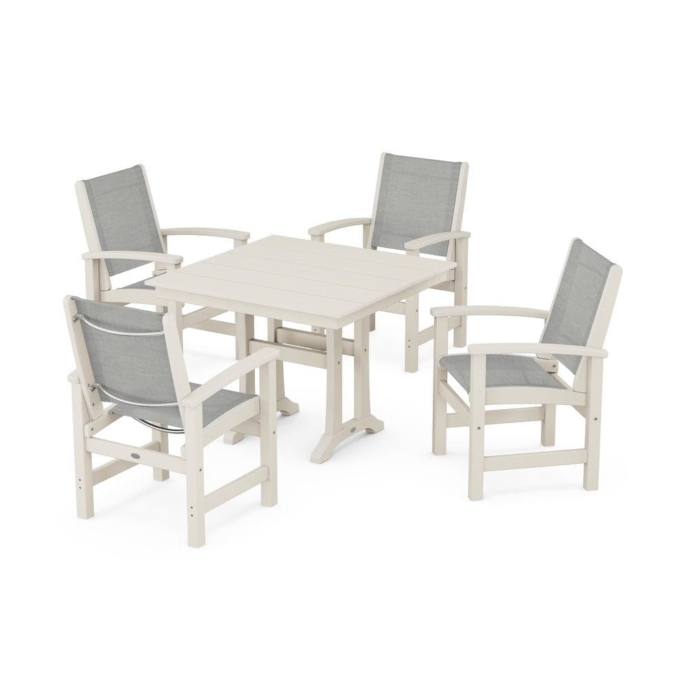 POLYWOOD® Outdoor Furniture Sand / Metallic Sling POLYWOOD® - Coastal 5-Piece Farmhouse Dining Set With Trestle Legs - PWS944