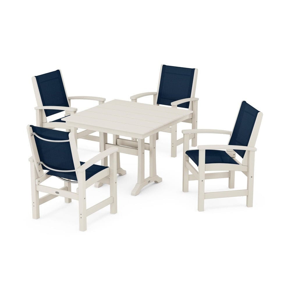 POLYWOOD® Outdoor Furniture Sand / Navy Blue Sling POLYWOOD® - Coastal 5-Piece Farmhouse Dining Set With Trestle Legs - PWS944