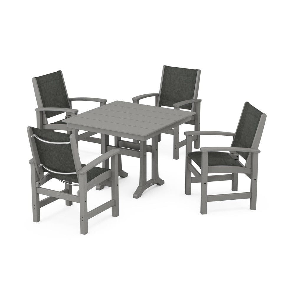 POLYWOOD® Outdoor Furniture Slate Grey / Ember Sling POLYWOOD® - Coastal 5-Piece Farmhouse Dining Set With Trestle Legs - PWS944