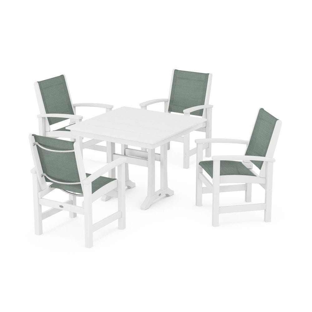 POLYWOOD® Outdoor Furniture White / Dupioni Sea Mist Sling POLYWOOD® - Coastal 5-Piece Farmhouse Dining Set With Trestle Legs - PWS944