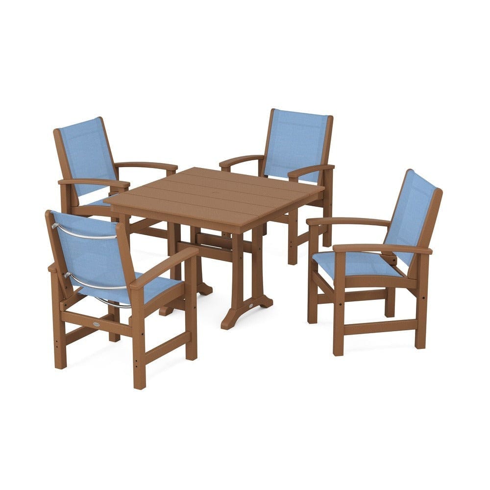 POLYWOOD® Outdoor Furniture Teak / Poolside Sling POLYWOOD® - Coastal 5-Piece Farmhouse Dining Set With Trestle Legs - PWS944