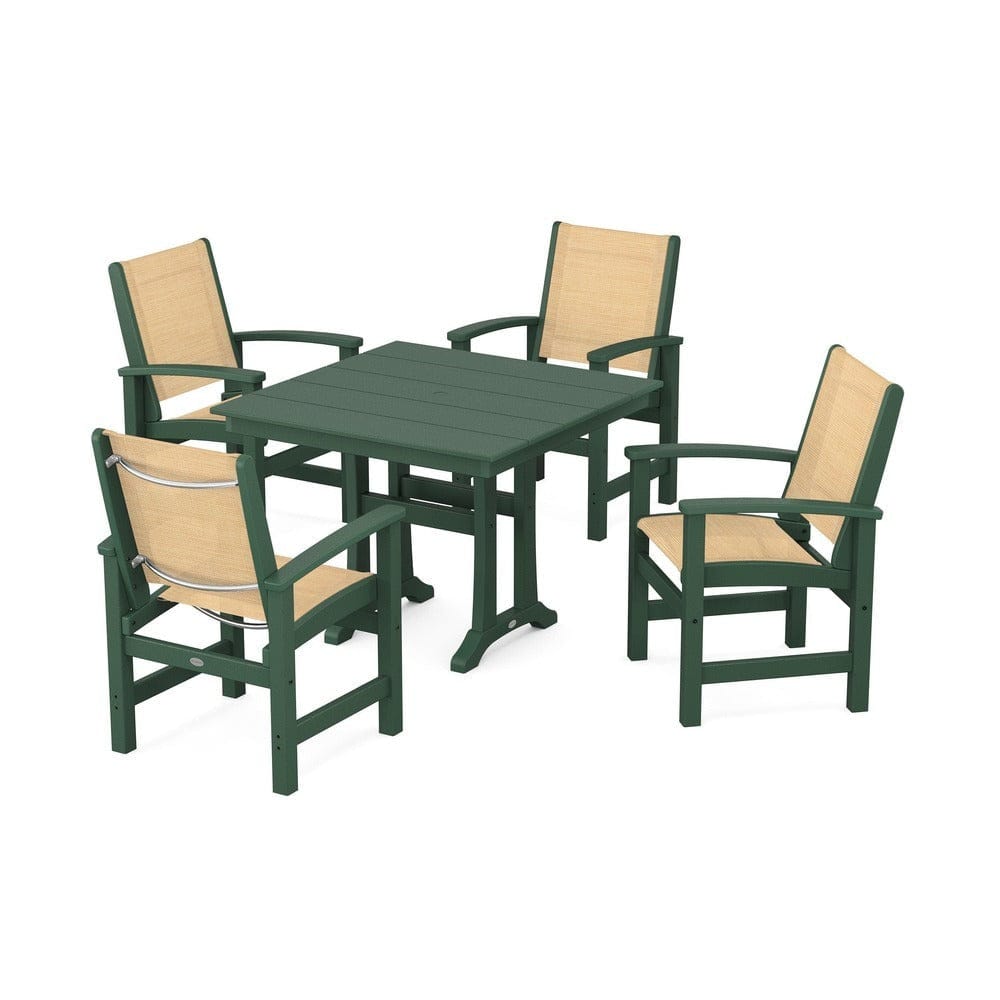 POLYWOOD® Outdoor Furniture Green / Dupioni Apricot Sling POLYWOOD® - Coastal 5-Piece Farmhouse Dining Set With Trestle Legs - PWS944