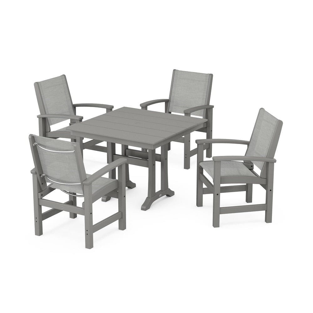 POLYWOOD® Outdoor Furniture Slate Grey / Metallic Sling POLYWOOD® - Coastal 5-Piece Farmhouse Dining Set With Trestle Legs - PWS944