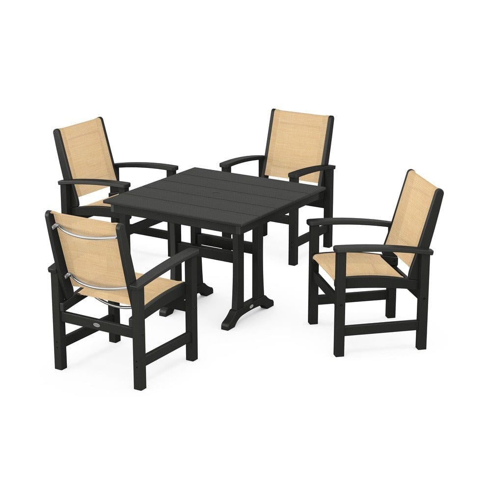 POLYWOOD® Outdoor Furniture Black / Dupioni Apricot Sling POLYWOOD® - Coastal 5-Piece Farmhouse Dining Set With Trestle Legs - PWS944