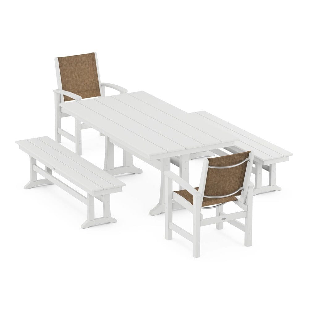 POLYWOOD® Outdoor Furniture White / Burlap Sling POLYWOOD® - Coastal 5-Piece Farmhouse Dining Set with Trestle Legs and Benches - PWS1000