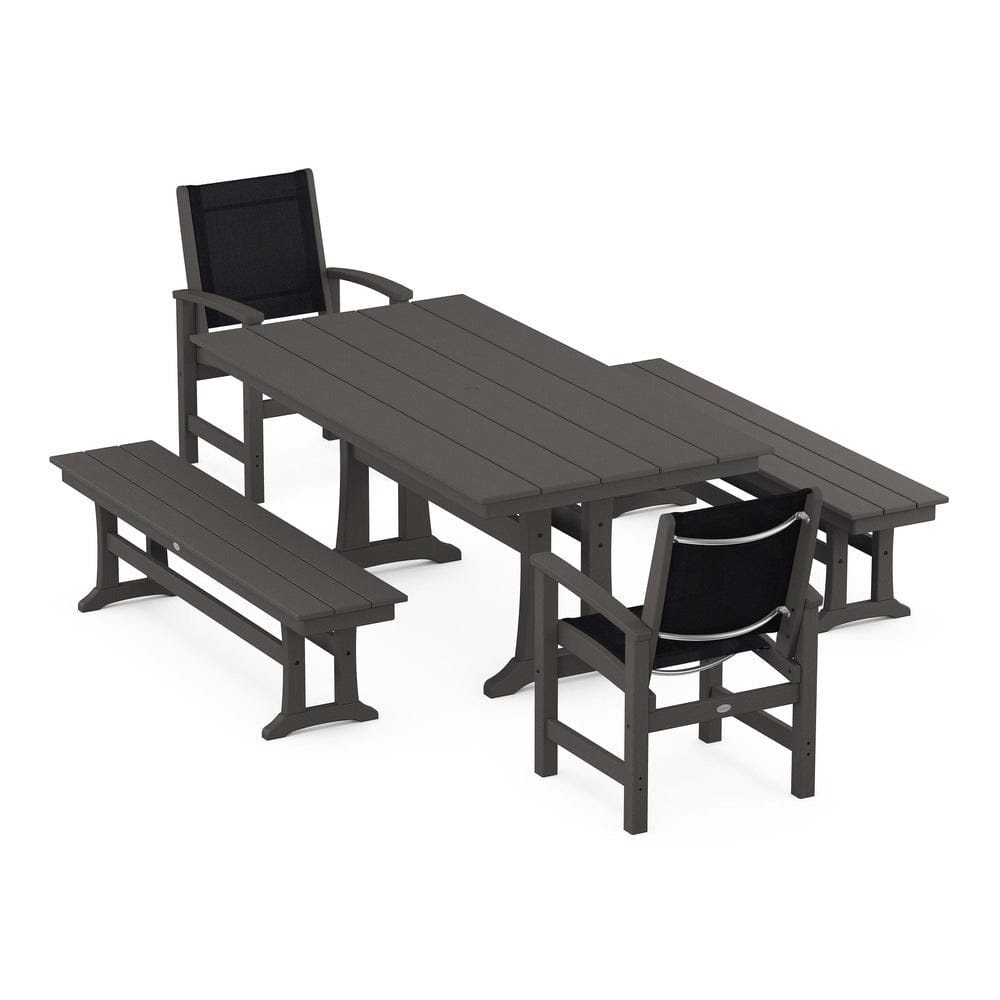 POLYWOOD® Outdoor Furniture Vintage Coffee / Black Sling POLYWOOD® - Coastal 5-Piece Farmhouse Dining Set with Trestle Legs and Benches - PWS1000