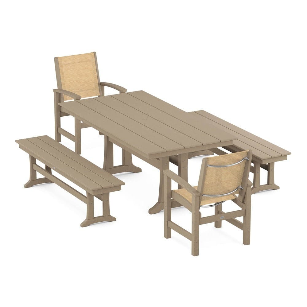 POLYWOOD® Outdoor Furniture POLYWOOD® - Coastal 5-Piece Farmhouse Dining Set with Trestle Legs and Benches - PWS1000