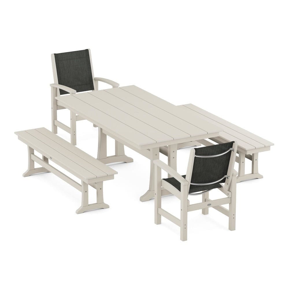 POLYWOOD® Outdoor Furniture Sand / Ember Sling POLYWOOD® - Coastal 5-Piece Farmhouse Dining Set with Trestle Legs and Benches - PWS1000