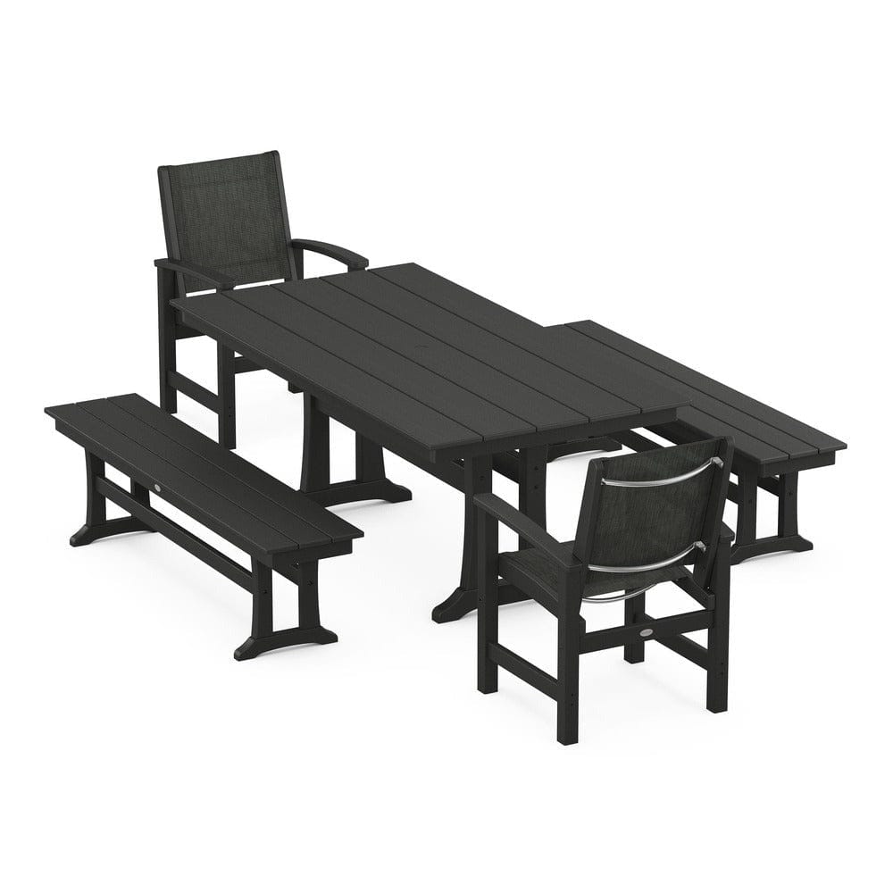POLYWOOD® Outdoor Furniture Black / Ember Sling POLYWOOD® - Coastal 5-Piece Farmhouse Dining Set with Trestle Legs and Benches - PWS1000
