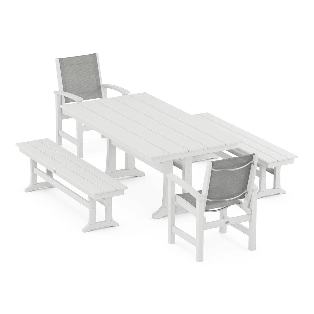 POLYWOOD® Outdoor Furniture White / Metallic Sling POLYWOOD® - Coastal 5-Piece Farmhouse Dining Set with Trestle Legs and Benches - PWS1000