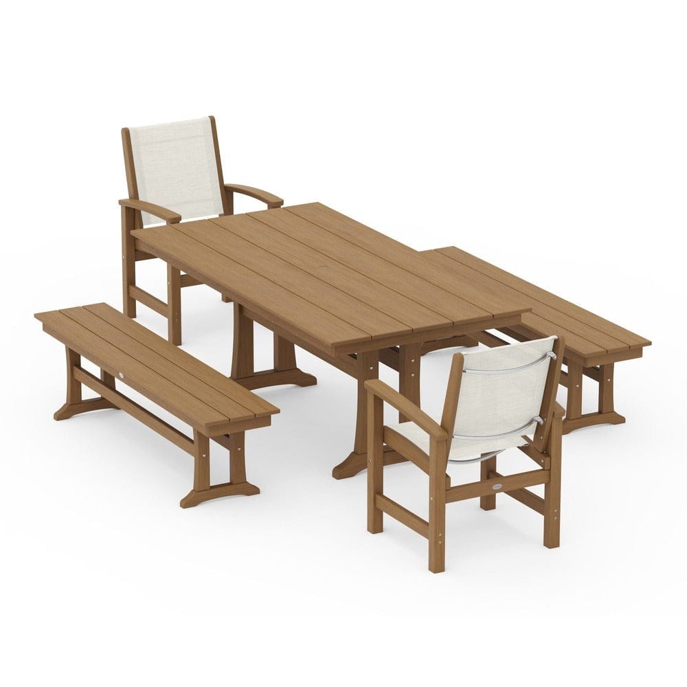 POLYWOOD® Outdoor Furniture POLYWOOD® - Coastal 5-Piece Farmhouse Dining Set with Trestle Legs and Benches - PWS1000