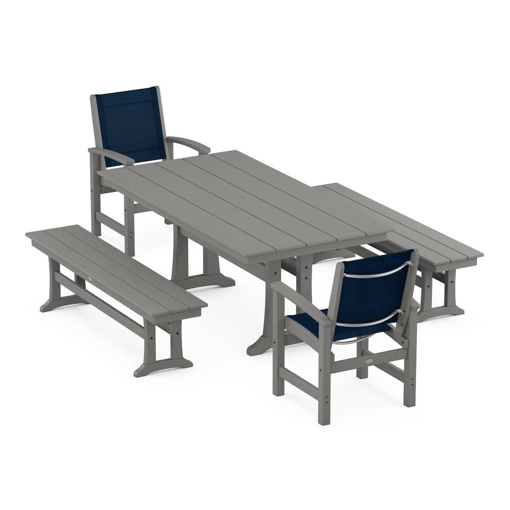 POLYWOOD® Outdoor Furniture Slate Grey / Navy Blue Sling POLYWOOD® - Coastal 5-Piece Farmhouse Dining Set with Trestle Legs and Benches - PWS1000
