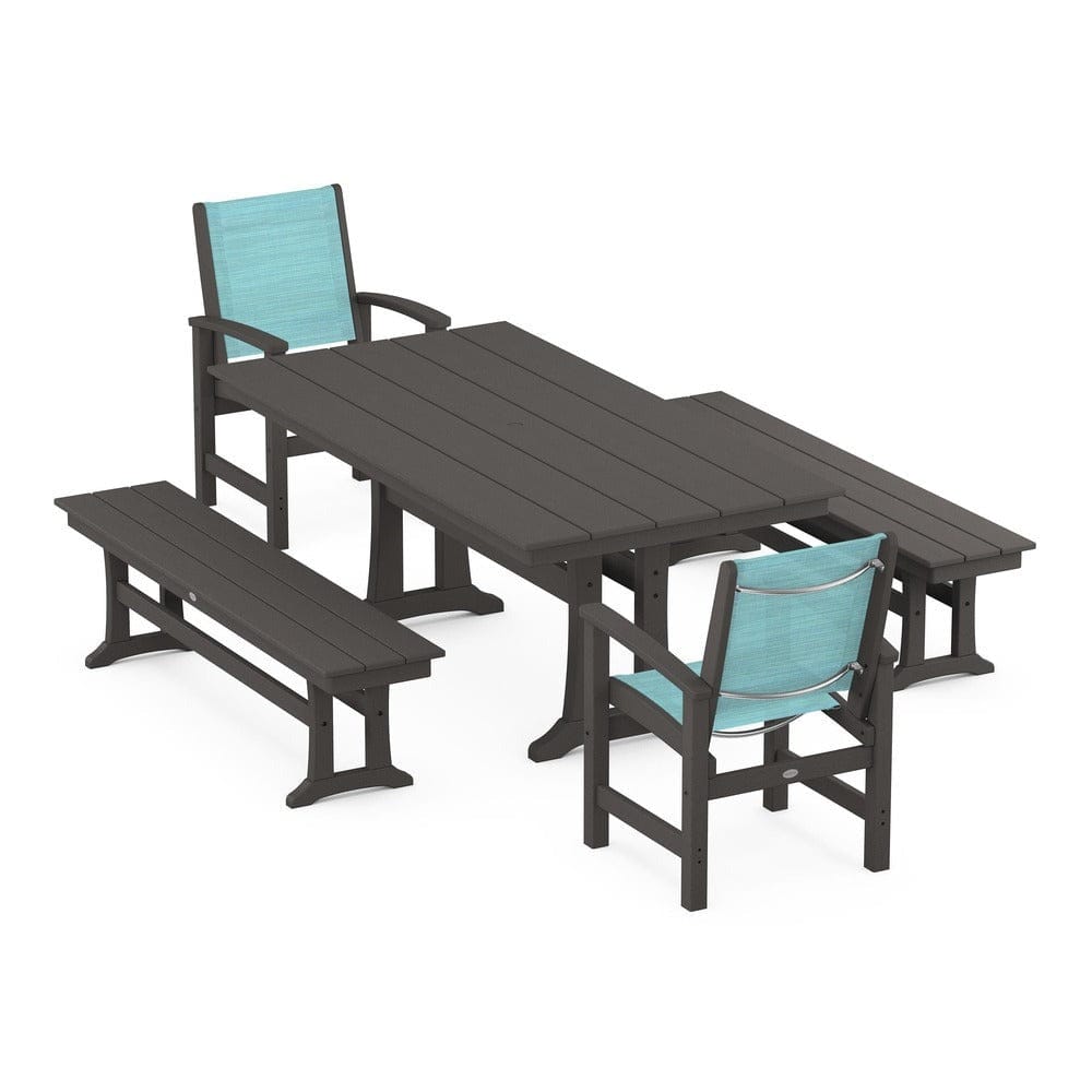 POLYWOOD® Outdoor Furniture Vintage Coffee / Dupioni Aquamarine Sling POLYWOOD® - Coastal 5-Piece Farmhouse Dining Set with Trestle Legs and Benches - PWS1000