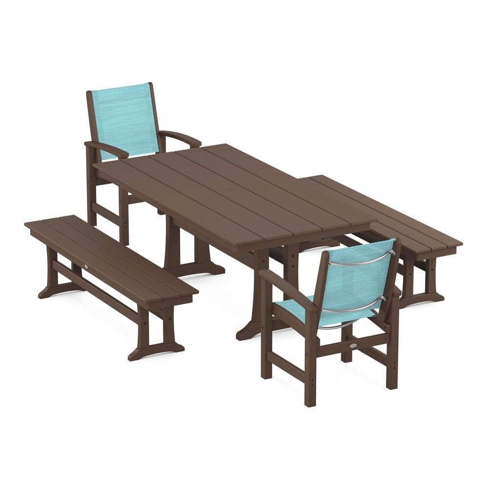 POLYWOOD® Outdoor Furniture Mahogany / Dupioni Aquamarine Sling POLYWOOD® - Coastal 5-Piece Farmhouse Dining Set with Trestle Legs and Benches - PWS1000