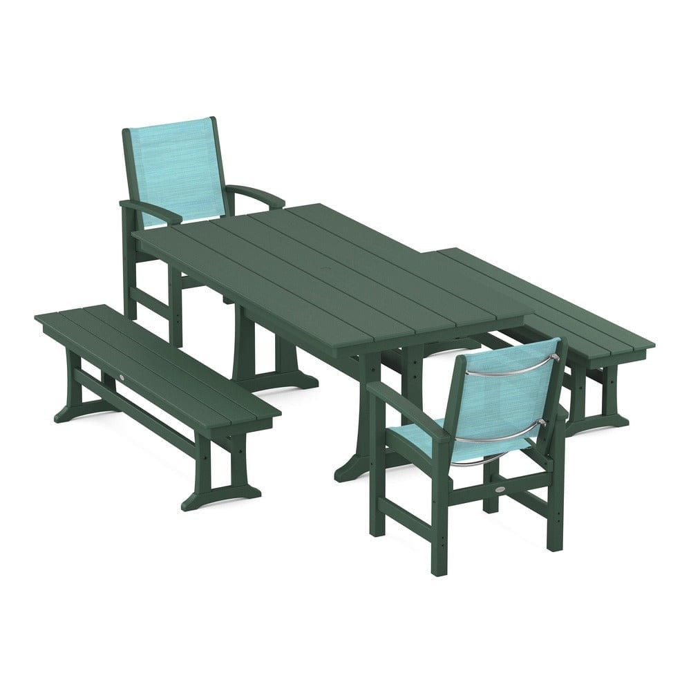 POLYWOOD® Outdoor Furniture Green / Dupioni Aquamarine Sling POLYWOOD® - Coastal 5-Piece Farmhouse Dining Set with Trestle Legs and Benches - PWS1000