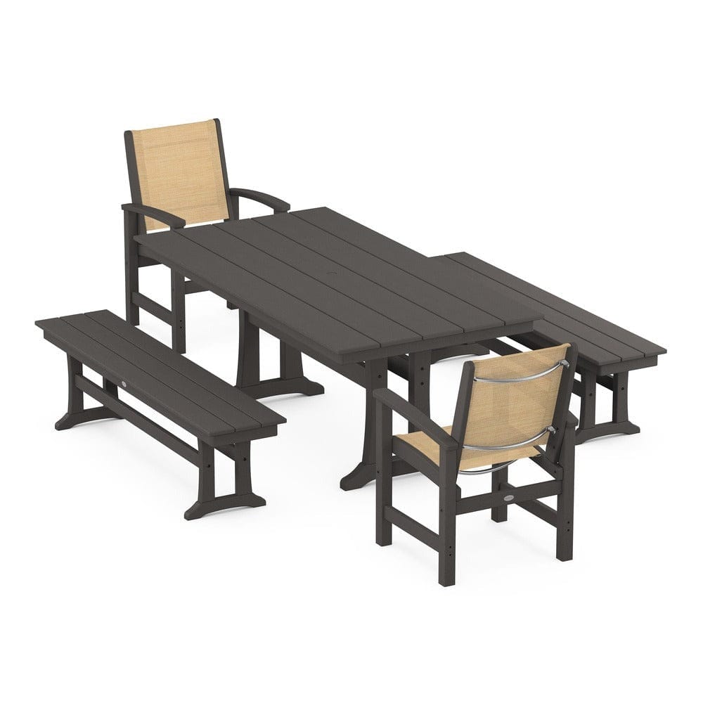 POLYWOOD® Outdoor Furniture Vintage Coffee / Dupioni Apricot Sling POLYWOOD® - Coastal 5-Piece Farmhouse Dining Set with Trestle Legs and Benches - PWS1000