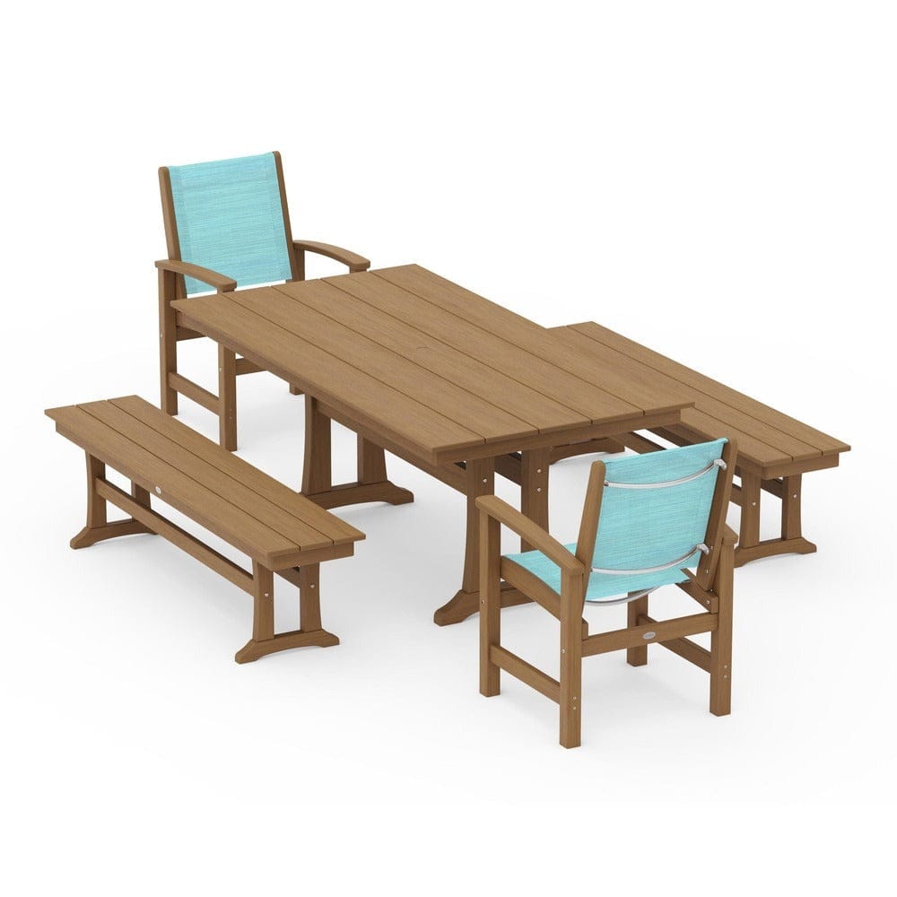POLYWOOD® Outdoor Furniture POLYWOOD® - Coastal 5-Piece Farmhouse Dining Set with Trestle Legs and Benches - PWS1000