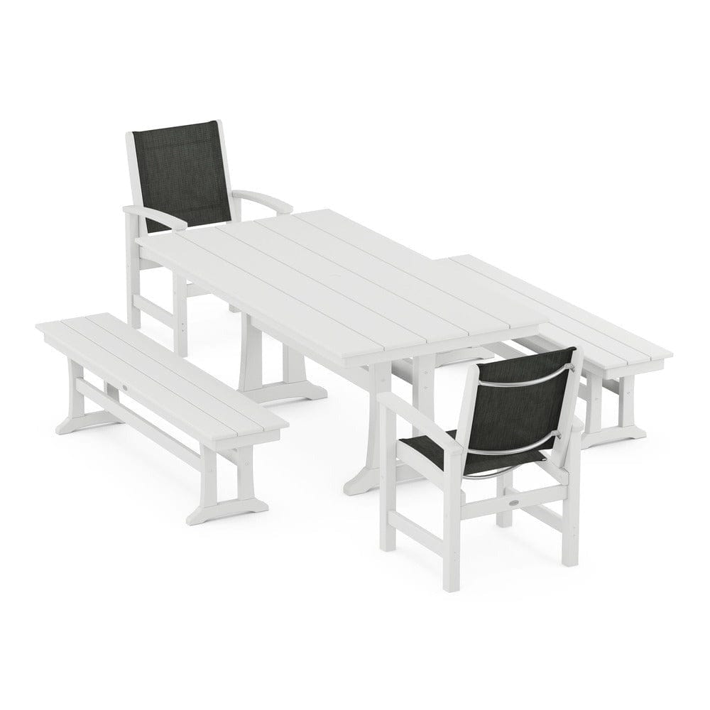 POLYWOOD® Outdoor Furniture White / Ember Sling POLYWOOD® - Coastal 5-Piece Farmhouse Dining Set with Trestle Legs and Benches - PWS1000