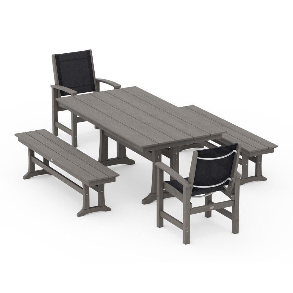POLYWOOD® Outdoor Furniture POLYWOOD® - Coastal 5-Piece Farmhouse Dining Set with Trestle Legs and Benches - PWS1000